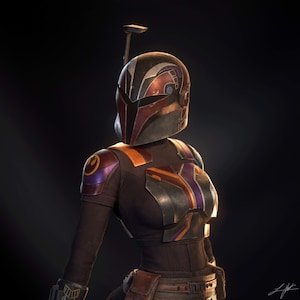 Puede incluir: Imagen detallada de un casco y armadura mandalorianos. El casco es principalmente negro con detalles en rojo y bronce. La armadura presenta detalles en naranja y morado. El diseño general sugiere un tema guerrero futurista.