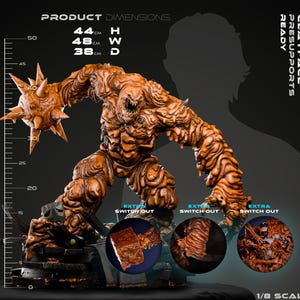 May include: A detailed brown Clayface statue, 44 cm high, 48 cm wide, and 38 cm deep, with a menacing expression and spiky protrusions. The figure is labeled "Clayface Ready" and includes "Extra Switch Out" options. The scale is 1/8.