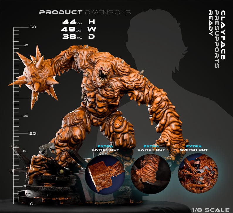 May include: A detailed brown Clayface statue, 44 cm high, 48 cm wide, and 38 cm deep, with a menacing expression and spiky protrusions. The figure is labeled "Clayface Ready" and includes "Extra Switch Out" options. The scale is 1/8.