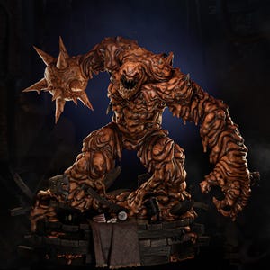 May include: A detailed brown monster figure with a spiky ball-like appendage. The figure has a menacing expression and is posed on a brick-like base. The figure is a 1/6 scale model. Text on the image reads "PRESUPPORT READY 1-6 SCALE" and "AVAILABLE ON PATREON".