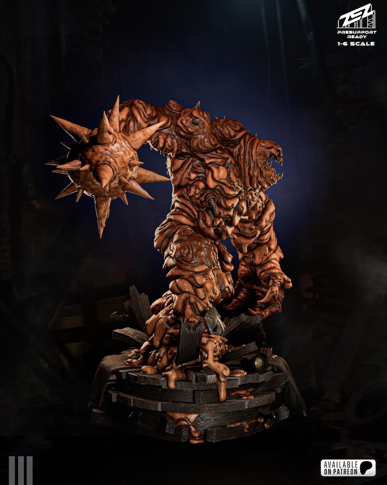 May include: A brown, detailed 1:6 scale statue of a monstrous creature with a spiky ball-like weapon. The figure has a textured, organic appearance, with a menacing open mouth. The base is a wooden structure. Text on the image reads "PRESUPPORT READY 1-6 SCALE" and "AVAILABLE ON PATREON".