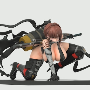 Puede incluir: Figura detallada de un personaje en una pose dinámica, arrodillado con un arma en la espalda. La figura tiene cabello castaño, ropa negra y roja y tatuajes intrincados. El arma tiene detalles amarillos y negros.