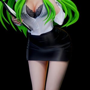 May include: A figurine featuring long bright green hair, wearing a white button-down shirt with a black lace bra underneath, and a black mini skirt. The figure holds a black folder in one hand, showcasing a detailed outfit against a black background.