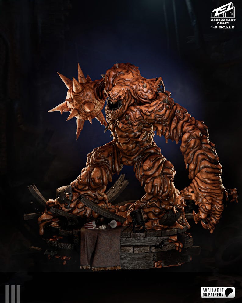 May include: A detailed, brown monster figurine with a spiky ball-like weapon. The figure is posed on a wooden platform with a dark background. The text "PRESUPPORT READY 1-6 SCALE" is visible.