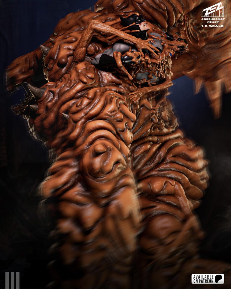 May include: A detailed, brown, monster-like sculpture with a textured, organic appearance. The figure has multiple horns and a complex, layered design. The image includes the text "PRESSUPPORT READY 1-6 SCALE" and "AVAILABLE ON PATREON".