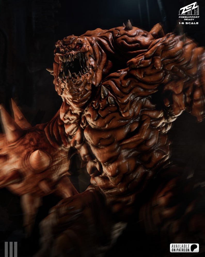 May include: A detailed, brown monster figure with sharp teeth and red eyes. The figure has a textured, rough skin appearance and is posed in a dynamic stance. The image includes text that reads "PRESUPPORT READY 1-6 SCALE" and "AVAILABLE ON PATREON".
