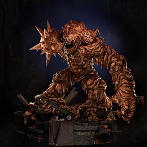 May include: A detailed, brown monster figurine with a spiky ball-like weapon. The figure is posed on a wooden platform with a dark background. The text "PRESUPPORT READY 1-6 SCALE" is visible.