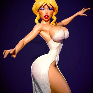 May include: A stylized, curvaceous figure in a sparkling white gown with a high slit. The figure has exaggerated features, including large breasts, a tiny waist, and bright red lips. The hair is blonde and styled in curls. The background is a dark blue.