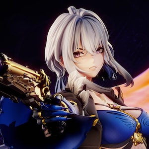 Puede incluir: Imagen de arte digital de un personaje femenino con cabello blanco y ojos morados, sosteniendo un arma dorada con luces azules. Viste un top azul y una chaqueta negra. Incluye el texto "JAN 2026".