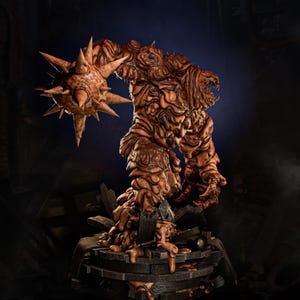 May include: A detailed brown monster figurine with a spiky ball-like weapon. The figure has a textured, layered appearance and is posed on a wooden platform. The text "PRESUPPORT READY 1-6 SCALE" is visible. The words "AVAILABLE ON PATREON" are also visible.