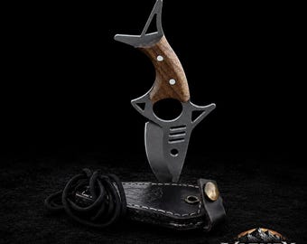 Cuchillo collar de tiburón, cuchillo EDC de cuello hecho a mano, mini hoja para acampar y cazar con mango de nogal, kit de supervivencia portátil, regalo personalizado