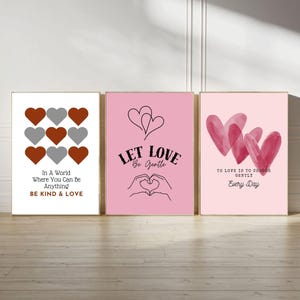 Love Self Growth Wall Art Set of Tic Tac Toe, Finger Heart, Triple Heart Minimalist Love, Galentine wall art, couple gift (Digital Download)