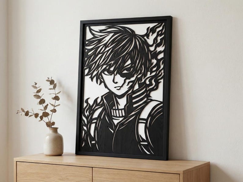 Laser Cut Anime Wall Art Decor – Shoto Todoroki | Flow-line Art Black ...