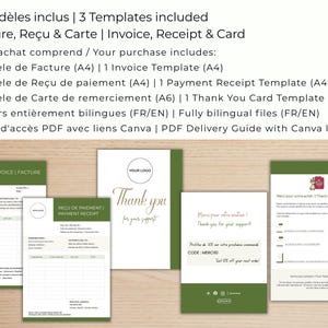 May include: An image showcasing a set of digital templates for invoices, receipts, and thank you cards. The templates are in green and white, with text in both English and French. The image includes examples of each template type, with the words "Invoice," "Receipt," and "Thank You" visible.