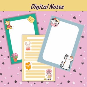 Peut inclure: Trois blocs-notes numériques colorés avec de jolies illustrations de dessins animés d'animaux et d'objets. Les blocs-notes sont de couleur sarcelle, bleu clair et jaune, avec un espace d'écriture blanc. Le texte "Digital Notes" est en haut.