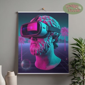 Może przedstawiać: Obraz na ścianę przedstawiający popiersie klasycznego posągu w goglach VR. Grafika jest renderowana w żywych odcieniach różu i turkusu, z retro-futurystyczną siatką i palmami w tle. Widoczny jest tekst "Design Noook".