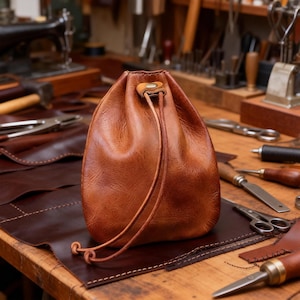 Puede incluir: Un bolso de cuero marrón hecho a mano con cordón. La bolsa está hecha de cuero texturizado y tiene un cierre de cordón de cuero. La bolsa está sobre una superficie de trabajo de madera, rodeada de herramientas de cuero.