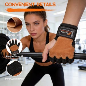 May include: Weightlifting gloves with a brown cowhide palm and black fingerless design. The gloves have a wrist strap with the text "Supersta". The image also shows "Easy to Take-off" and "4mm Cushion Pads".