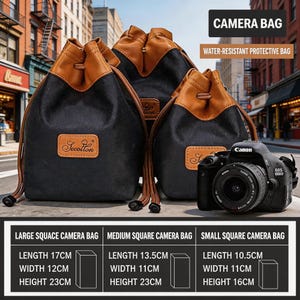 May include: Black and brown camera bags with drawstring closures. The bags have leather accents and a logo patch. The image also shows a Canon camera and text that reads "CAMERA BAG" and "WATER-RESISTANT PROTECTIVE BAG". The bags measure 17cm, 13.5cm, and 10.5cm in length.