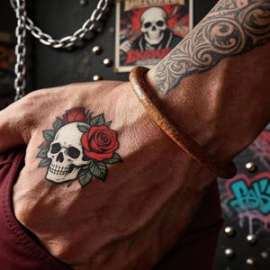 Puede incluir: Tatuaje temporal de una calavera con rosas rojas y hojas verdes en una mano. Una pulsera de cuero marrón está en la muñeca. Un póster con una calavera está en el fondo.