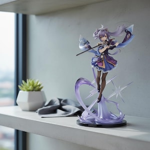 May include: A detailed figurine of a character in a blue and purple outfit, holding a sword. The figure is posed dynamically on a purple energy base with star-shaped accents. The figurine is displayed on a white shelf.