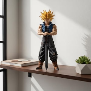 May include: A detailed figurine of a character with spiky yellow hair, wearing a blue vest, black pants, and brown boots, holding a large black sword. The figure is posed with arms crossed, standing on a wooden shelf. A succulent plant in a white pot is also on the shelf.