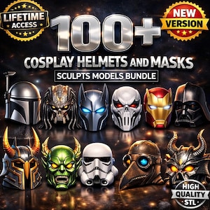 Puede incluir: Imagen promocional que muestra un paquete de más de 100 cascos y máscaras de cosplay. La imagen presenta una variedad de diseños, incluyendo personajes como Darth Vader, Iron Man y Batman. El texto incluye "Acceso de por vida", "Nueva versión" y "STL de alta calidad".