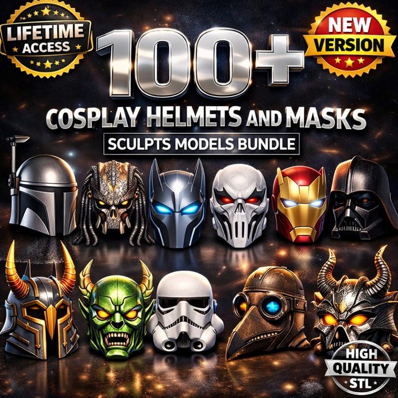 K&ouml;nnte beinhalten: Werbebild, das ein Bundle von &uuml;ber 100 Cosplay-Helmen und -Masken zeigt. Das Bild zeigt eine Vielzahl von Designs, darunter Charaktere wie Darth Vader, Iron Man und Batman. Der Text enth&auml;lt "Lifetime Access", "New Version" und "High Quality STL".