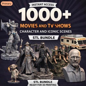 Pode incluir: Um anúncio de um pacote STL com modelos 3D de personagens e cenas de filmes e programas de TV. A imagem inclui um Transformer, Gandalf, um personagem com um casaco preto e uma carrinha Breaking Bad. O texto diz "1000+ Filmes e programas de TV".