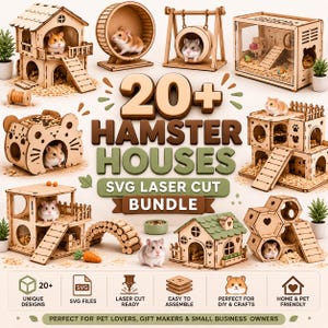 Può includere: Una collezione digitale di oltre 20 casette e accessori per criceti con design in legno tagliati al laser, tra cui strutture a più livelli, ruote per esercizi e tunnel, con il testo 20+ HAMSTER HOUSES SVG LASER CUT BUNDLE e icone SVG.
