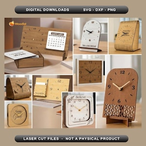 May include: A collage of laser-cut wooden clocks and calendars. The clocks vary in shape, including square, arched, and rectangular designs. Some clocks have Roman numerals, while others have standard numbers. The image also includes the text "DIGITAL DOWNLOADS SVG - DXF - PNG" and "LASER CUT FILES - NOT A PHYSICAL PRODUCT."