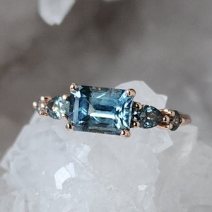 Ring - 1.87 CT Montana Sapphire Light Seafoam Blue Emerald Cut Ring in 14K Rose Gold