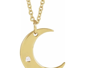 14k Gold Crecent Moon Necklace with Diamond Accent and Matching Chain