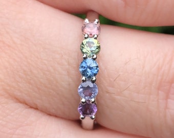 Montana Sapphire 5 Stone Rainbow Ring in 14 Karat White Gold