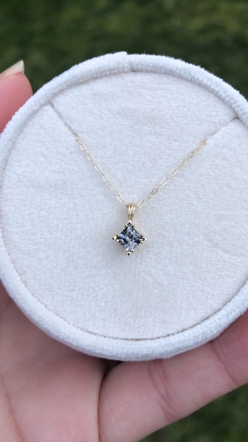 Genuine Montana Sapphire Color Change Pale Blue Green to Pink Purple Princess cut Pendant in 14 karat Yellow Gold
