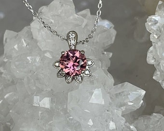 Pink Tourmaline .84 ct Flower 14KW Diamond accent Necklace