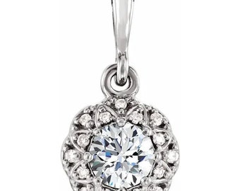 Sunburst Moissanite and Natural Diamond Pendant - 14K White Gold with Choice of 16" or 18" Chain