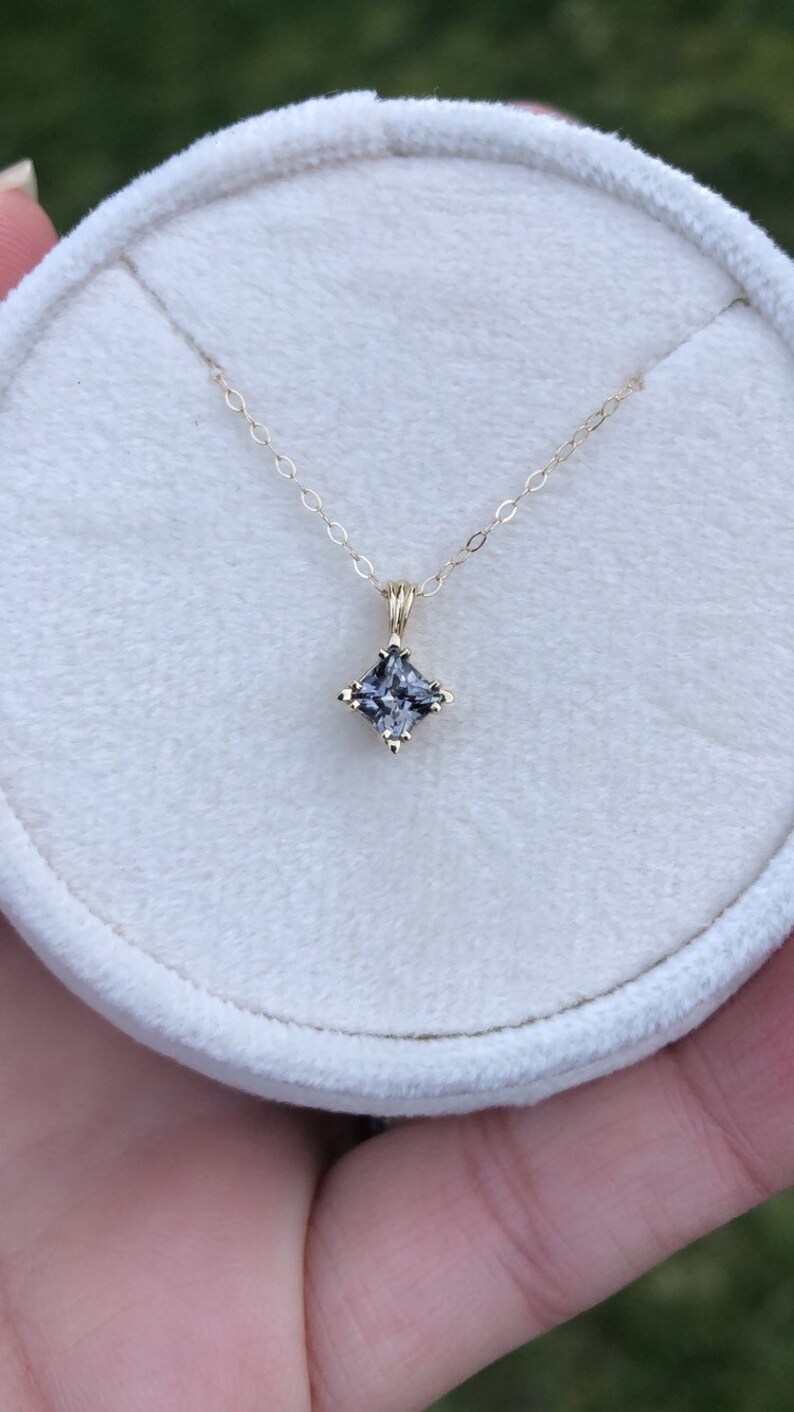 Genuine Montana Sapphire Color Change Pale Blue Green to Pink Purple Princess cut Pendant in 14 karat Yellow Gold