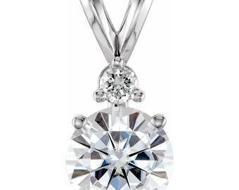 14K White Gold Moissanite Necklace - 6.5mm Round Cut with Natural Diamond Accent