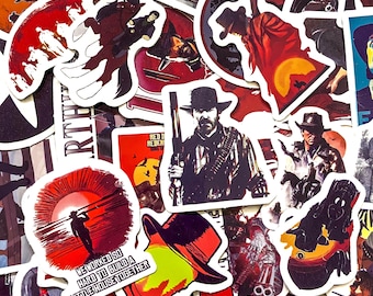 Pack of 50 Red Dead Game Stickers, Western Cowboy Stickers, Outlaw Wanted Stickers, Waterproof Stickers for Teens, Adults, Gamers, Men