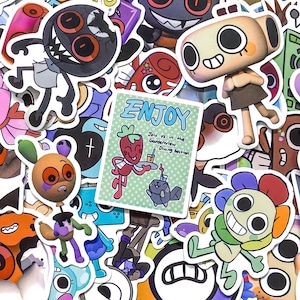 May include: A collection of colorful cartoon stickers featuring various characters, including a central rectangular sticker with a light green polka dot background, the text ENJOY, and the phrase Join us in the Gardenview Dining Section.