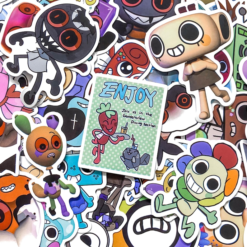 May include: A collection of colorful cartoon stickers featuring various characters, including a central rectangular sticker with a light green polka dot background, the text ENJOY, and the phrase Join us in the Gardenview Dining Section.