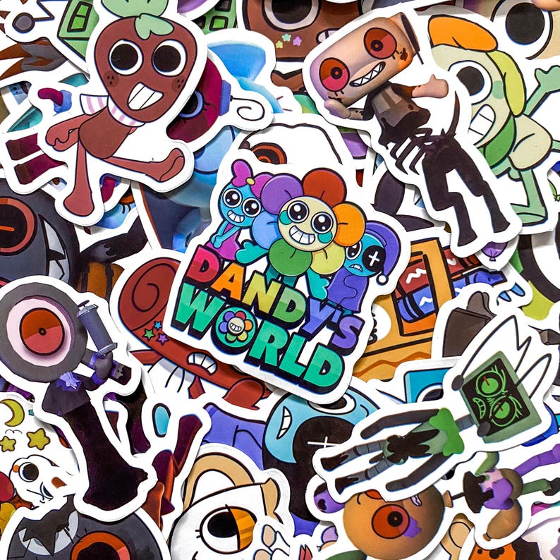 May include: A collection of assorted vinyl stickers featuring various cartoon characters and a central logo that reads Dandy's World with a colorful flower icon. The stickers display diverse figures with expressive faces, vibrant colors, and bold outlines.