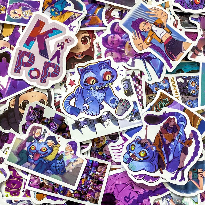 May include: A collection of assorted stickers featuring anime-style characters, a blue tiger-like creature with large yellow eyes, and text reading K-POP. The designs include various illustrations of people with purple hair, dynamic poses, and vibrant color palettes.