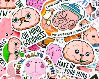 Pack of 50 Cute Brain Stickers, Mental Health Cartoon Stickers, Psychology Humor Stickers Pack, Waterproof Stickers for Notebook, Laptop