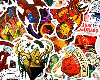 Pack of 50 DnD Stickers, Dragon Dice Stickers, Fantasy RPG Stickers, Dungeon Stickers, Waterproof Stickers for Gamers, Adults, Collectors