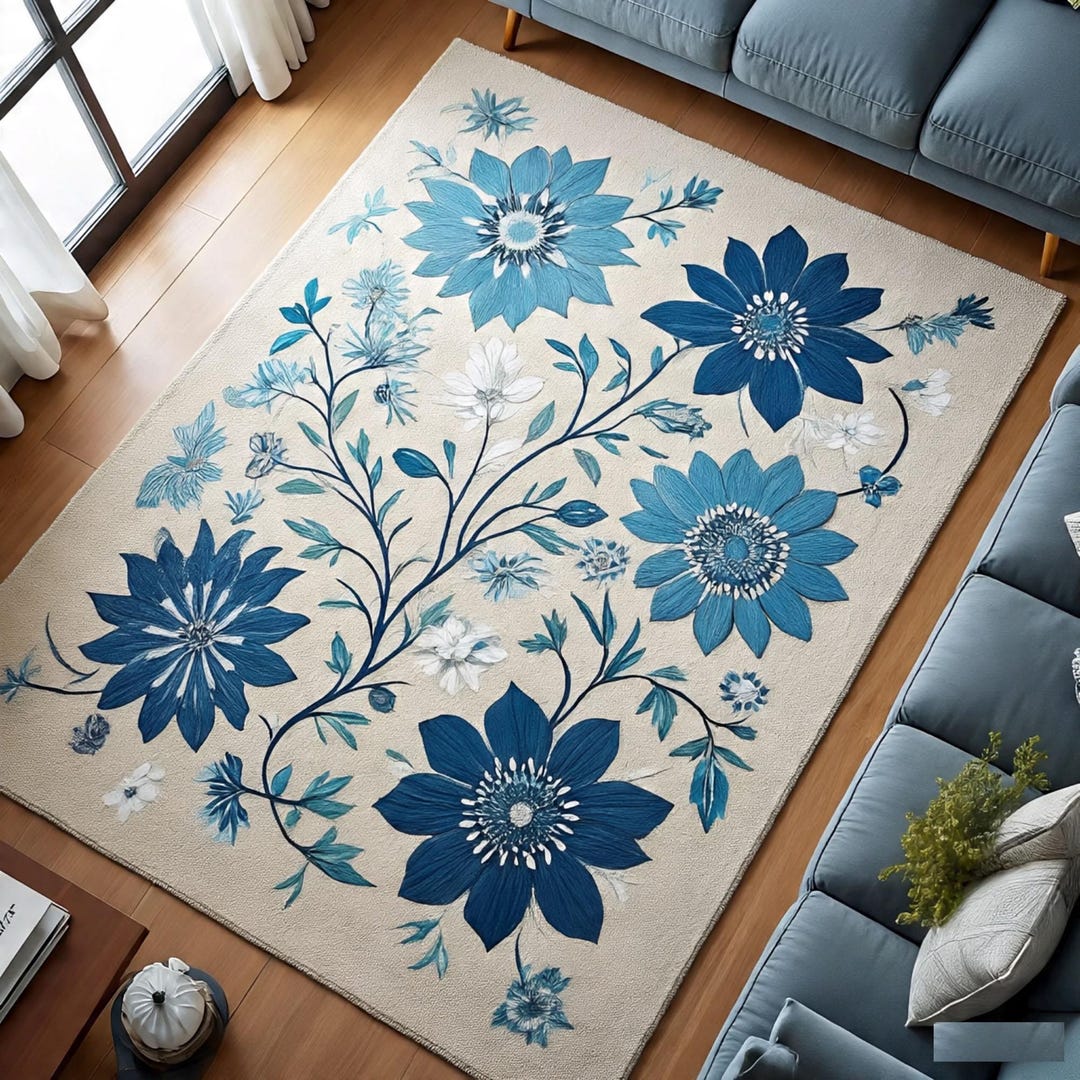 Rectangular Blue Floral Area Rug - Tufted Modern Botanical Living Room ...