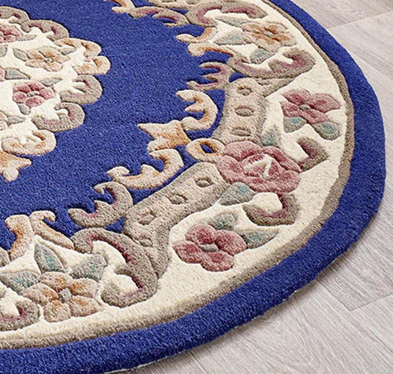 Hand Tufted Round Blue Floral Rug Luxury Living Room Decor Boho Carpet ...