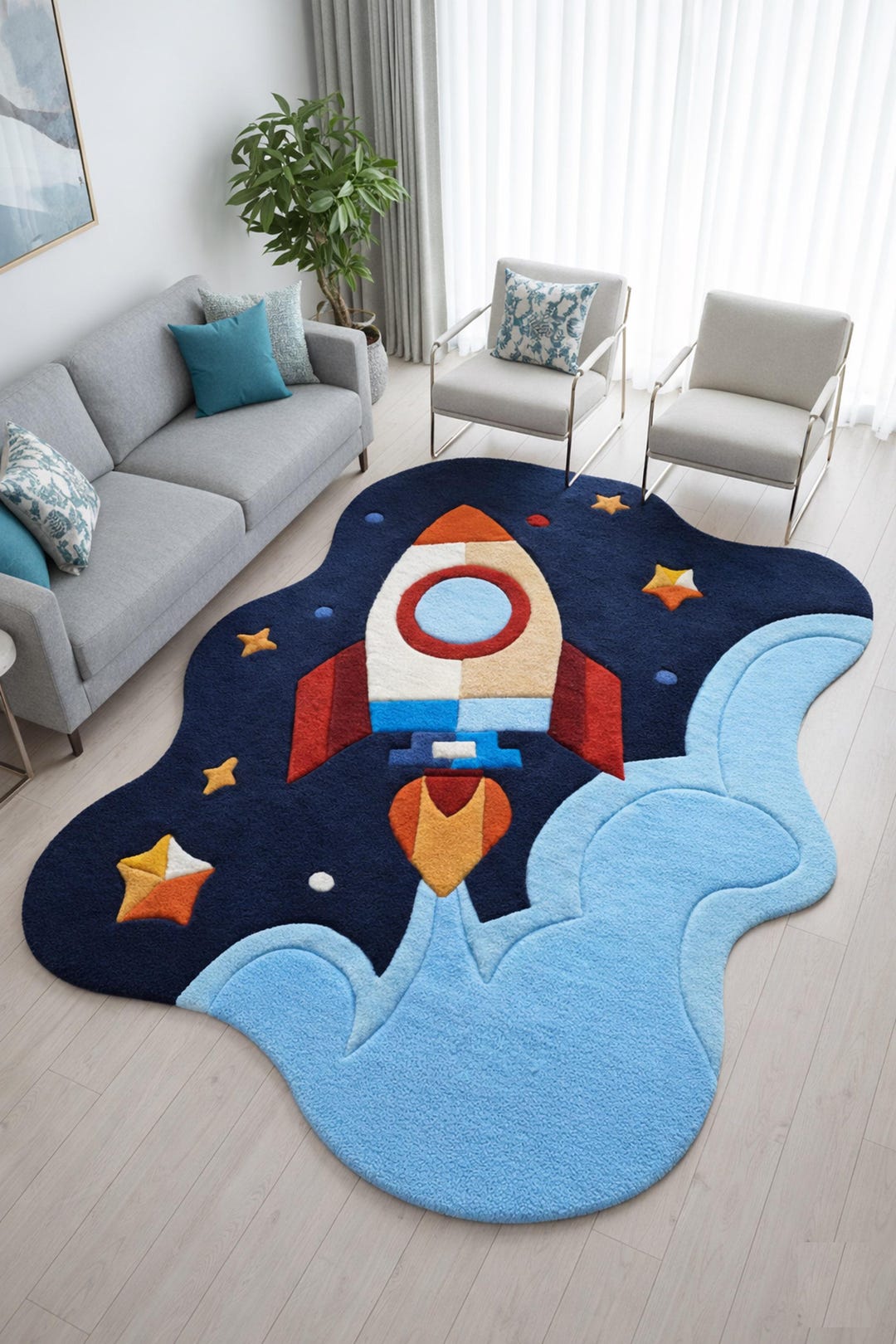 Kids Rocket Space Rug Playroom Nursery Cartoon Shaped Floor Decor Soft ...