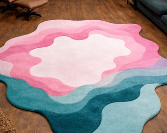 Handgetuft abstract onregelmatig vloerkleed roze blauwgroen modern vloerkleed woonkamer statement decor